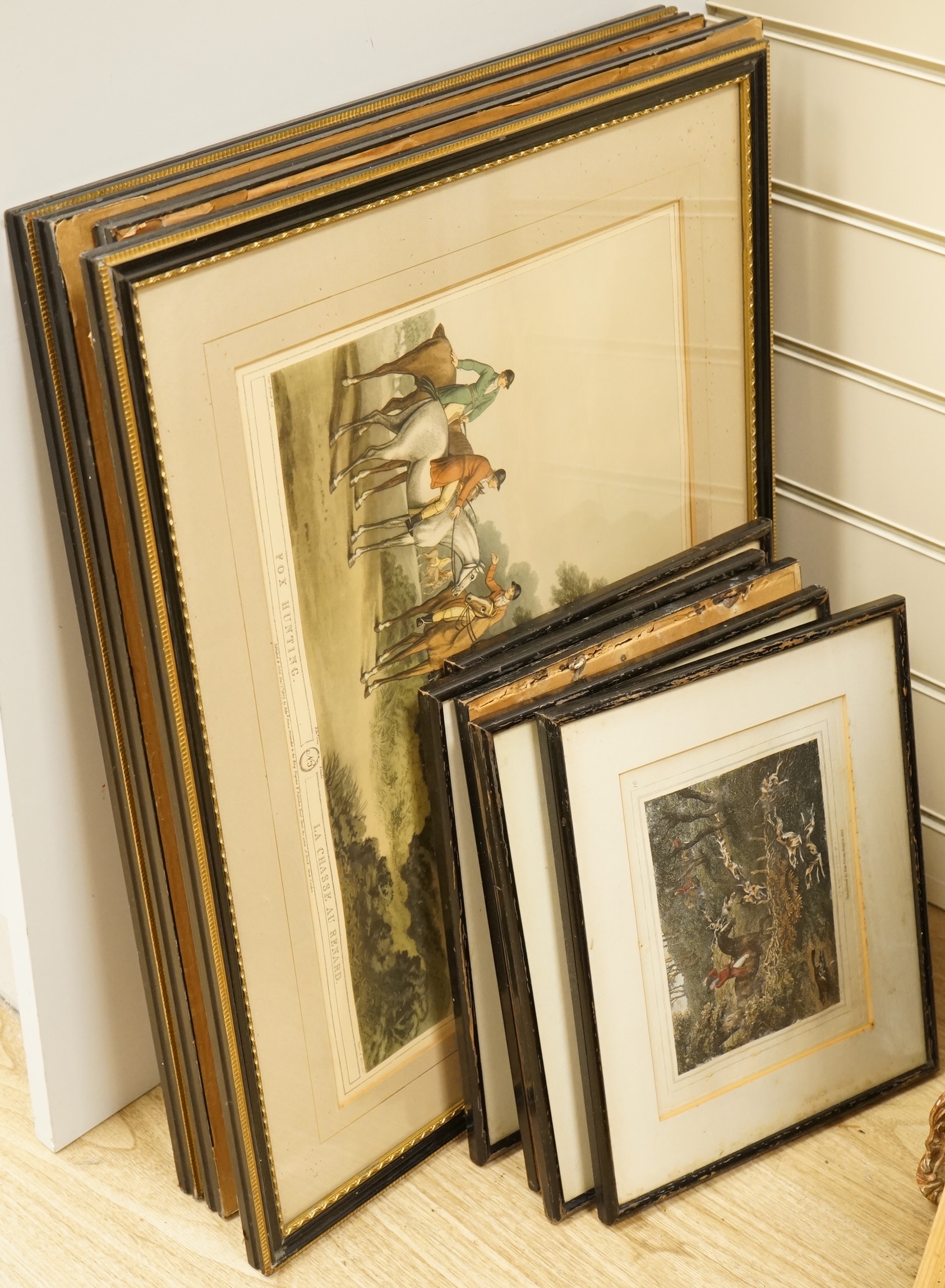After Samuel Howitt (1756-1822), Fox hunting scenes, set of four colour prints, together with a set of five smaller examples after the same artist, largest 32 x 44cm